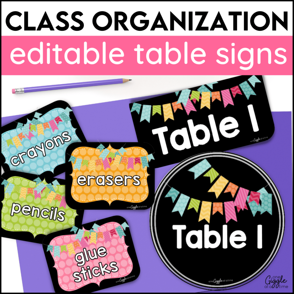 classroom supplies and table signs